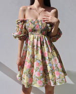 Load image into Gallery viewer, Confetti Off Shoulder Blouson Floral Mini Dress in Pink