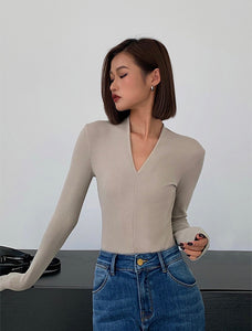 Classic V Neck Line Top in Beige