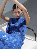 Load image into Gallery viewer, Laser Cut Crochet Sleeveless Dress in Blue