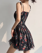 Load image into Gallery viewer, Passiflora Floral Tie Strap Tulle Mini Dress in Black