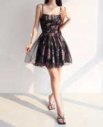 Load image into Gallery viewer, Passiflora Floral Tie Strap Tulle Mini Dress in Black