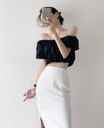 Load image into Gallery viewer, Cherelle Off Shoulder Cropped Bubble Top in Black