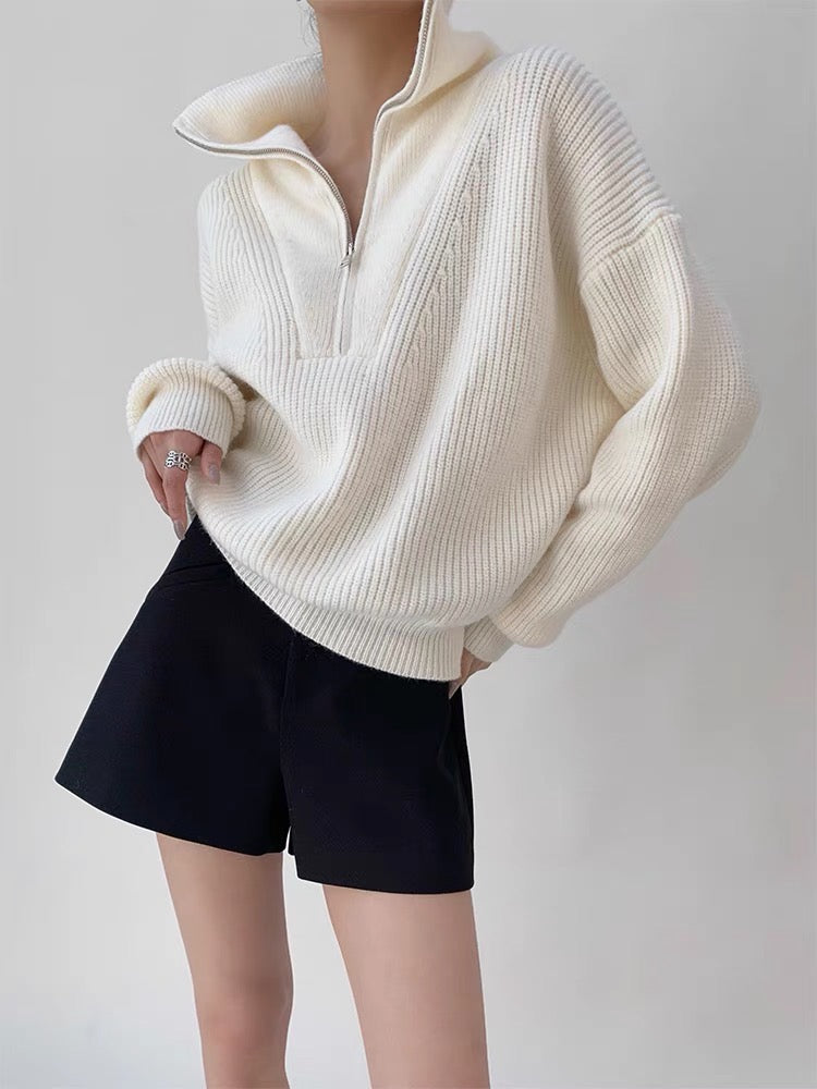 Half Zip Knitted Relaxed Sweater in Cream