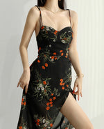 Load image into Gallery viewer, Twilight Floral Tie Strap Slit Dress in Black