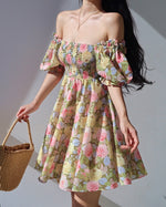 Load image into Gallery viewer, Confetti Off Shoulder Blouson Floral Mini Dress in Pink