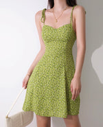 Load image into Gallery viewer, Gerbera Floral Tie Strap Mini Dress in Green