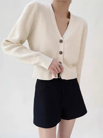 Load image into Gallery viewer, V Ribbed Contrast Button Cardigan in Cream