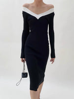 Load image into Gallery viewer, Off Shoulder V Long Sleeve Bodycon Dress