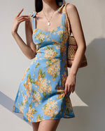 Load image into Gallery viewer, Bulbine Floral Tie Strap Mini Dress in Blue
