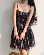 Load image into Gallery viewer, Passiflora Floral Tie Strap Tulle Mini Dress in Black