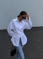 Load image into Gallery viewer, Night Owl Rusched Oversized Shirt in White
