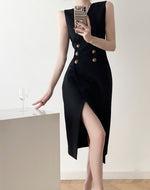 Load image into Gallery viewer, Amelie Button Slit Dress in Black