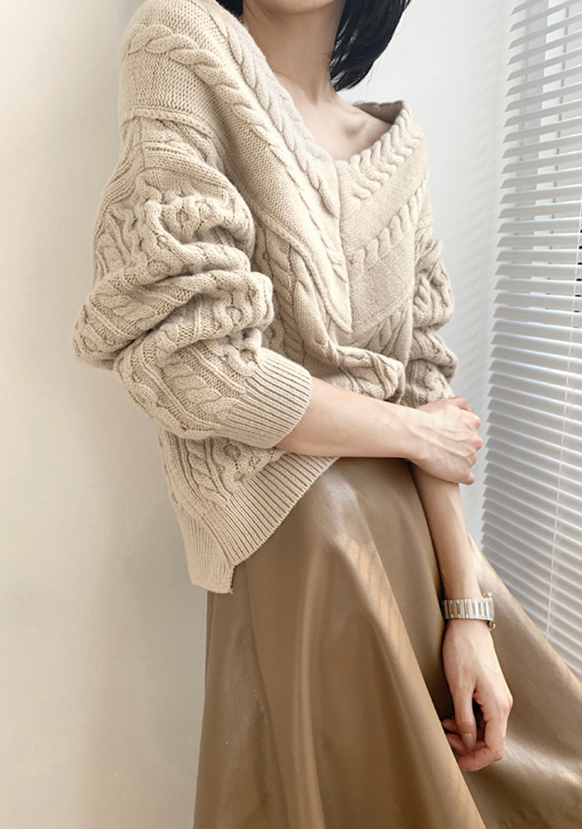 Off Shoulder Cable Knit Sweater- Beige