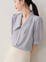 Load image into Gallery viewer, Point Collar Button Blouse in Blue