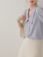 Load image into Gallery viewer, Point Collar Button Blouse in Blue