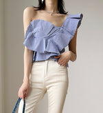 Load image into Gallery viewer, Asymmetric Ruffle Toga Top in Blue