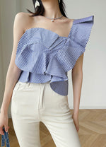 Load image into Gallery viewer, Asymmetric Ruffle Toga Top in Blue