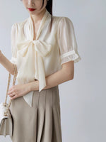 Load image into Gallery viewer, Sheer Pussy Bow Short Sleeve Blouse + Slip in Beige