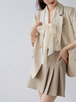 Load image into Gallery viewer, Sheer Pussy Bow Short Sleeve Blouse + Slip in Beige