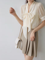 Load image into Gallery viewer, Sheer Pussy Bow Short Sleeve Blouse + Slip in Beige