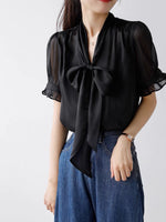 Load image into Gallery viewer, Sheer Pussy Bow Short Sleeve Blouse + Slip in Black
