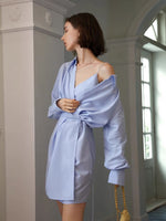 Load image into Gallery viewer, Viktoria Off Shoulder Cami Wrap Shirt Dress- Blue