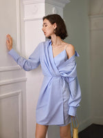 Load image into Gallery viewer, Viktoria Off Shoulder Cami Wrap Shirt Dress- Blue