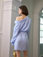 Load image into Gallery viewer, Viktoria Off Shoulder Cami Wrap Shirt Dress- Blue