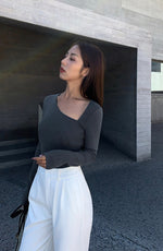 Load image into Gallery viewer, It&#39;s A Wrap Asymmetric Cut Top in Grey
