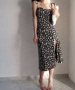 Load image into Gallery viewer, Daisy Floral Tie Strap Slit Dress in Black