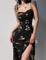 Load image into Gallery viewer, Chrisoula Floral Tie Strap Slit Dress in Black