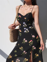 Load image into Gallery viewer, Chrisoula Floral Tie Strap Slit Dress in Black