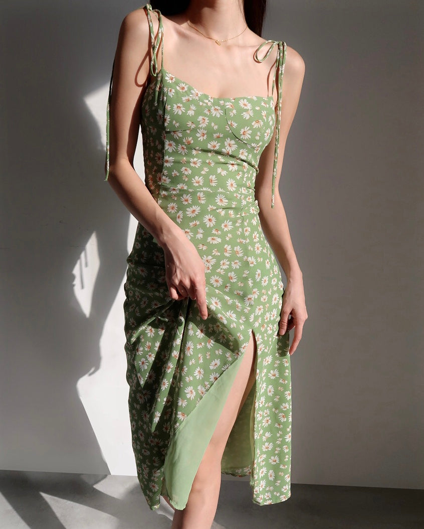 Azalea Floral Tie Strap Slit Dress in Green