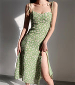 Load image into Gallery viewer, Azalea Floral Tie Strap Slit Dress in Green