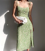 Load image into Gallery viewer, Azalea Floral Tie Strap Slit Dress in Green
