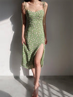 Load image into Gallery viewer, Azalea Floral Tie Strap Slit Dress in Green