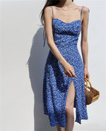Load image into Gallery viewer, Hydrangea Floral Tie Strap Slit Dress in Blue