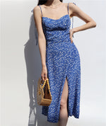 Load image into Gallery viewer, Hydrangea Floral Tie Strap Slit Dress in Blue