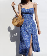 Load image into Gallery viewer, Hydrangea Floral Tie Strap Slit Dress in Blue