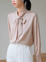 Load image into Gallery viewer, Pussy Bow Long Sleeve Blouse in Champagne