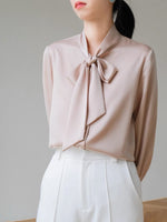 Load image into Gallery viewer, Pussy Bow Long Sleeve Blouse in Champagne