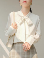 Load image into Gallery viewer, Bow Tie Long Sleeve Blouse in White