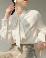 Load image into Gallery viewer, Bow Tie Long Sleeve Blouse in White