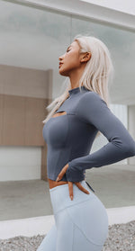 Load image into Gallery viewer, Xtra-Soft Cutout Long Sleeve Top in Grey Blue