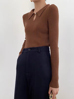 Load image into Gallery viewer, Buttonhole Ribbed Polo Soft Knit Top - Black