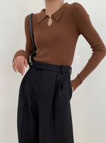 Load image into Gallery viewer, Buttonhole Ribbed Polo Soft Knit Top - Black