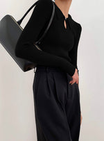 Load image into Gallery viewer, Buttonhole Ribbed Polo Soft Knit Top - Black