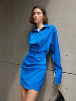 Load image into Gallery viewer, Velda Wrap Button Satin Shirt Dress- Blue