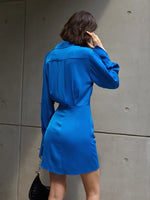 Load image into Gallery viewer, Velda Wrap Button Satin Shirt Dress- Blue