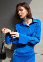 Load image into Gallery viewer, Velda Wrap Button Satin Shirt Dress- Blue